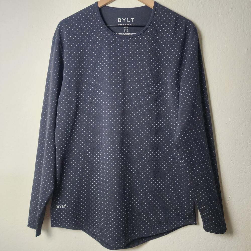 BYLT Shirt Womens Large Navy Blue Drop Cut Long Sleeve Lux Polka Dot Tee